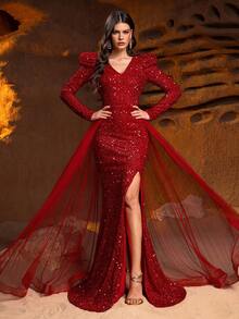 Faeriesty 优雅V领长袖女士连衣裙，高开衩设计搭配迷人鱼尾裙摆 | 完美适用于正式晚宴、红毯颁奖典礼、奢华婚礼、慈善舞会、高端企业活动 - 紅色 - 查看 2