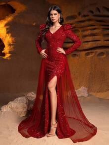 Faeriesty 优雅V领长袖女士连衣裙，高开衩设计搭配迷人鱼尾裙摆 | 完美适用于正式晚宴、红毯颁奖典礼、奢华婚礼、慈善舞会、高端企业活动 - 紅色 - 查看 8