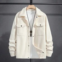 Reversible Fleece Shacket For Men, Beige Casual Versatile Soft Workwear Pocket Top - Apricot - View 11