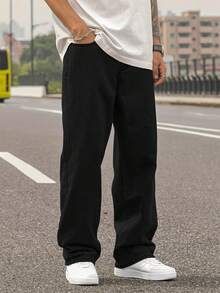 Men's Washed Light Blue Straight Jeans, Men's Loose Jeans, Retro Y2K Style, Simple And Versatile - 黑色 - 查看 4