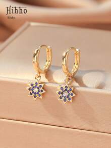 Hihho 1 Pair Fashionable Colorful Sunflower Earrings, Colorful Octagonal Zirconia Inlaid Design Charming Earrings, Women's Jewelry, Suitable For Daily Wear, Holiday Party Gift - Gold - View 4