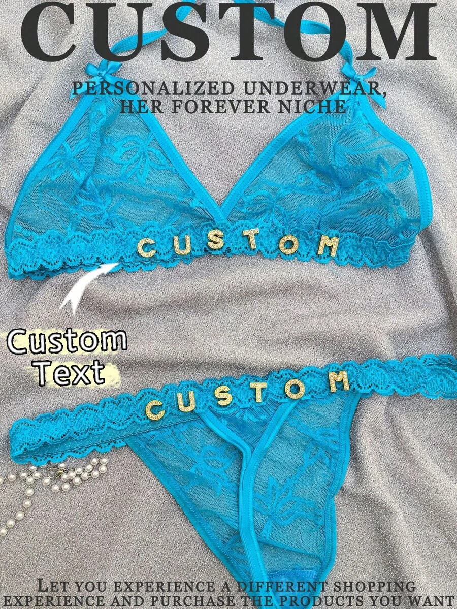 2pcs Custom Christmas Women Backless Lace Sheer Sexy Lingerie Set - Blue - View 1