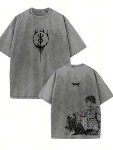 GLEC Japanese Hot Blooded Cartoon Anime, Where The Strong Are Lonely And The Streets Are Simple And Versatile Throughout The Four Seasons. Retro Fashion True Warrior Popular Letter Pattern Printed Boutique 230g Washed Cotton T-Shirt, Suitable For Men To Wear All Year Round. High Quality Retro Fashion Brand Loose, Soft And Comfortable Gray Casual T-Shirt, Suitable For Outdoor Wear All Year Round, With A Certain Thickness. It Is Suitable For Daily Wear, Friend Gifts, And Back To School Gifts. - 灰色 - 查看 1