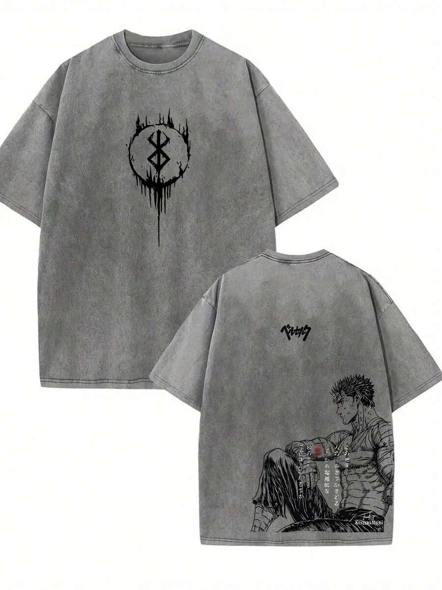 GLEC Japanese Hot Blooded Cartoon Anime, Where The Strong Are Lonely And The Streets Are Simple And Versatile Throughout The Four Seasons. Retro Fashion True Warrior Popular Letter Pattern Printed Boutique 230g Washed Cotton T-Shirt, Suitable For Men To Wear All Year Round. High Quality Retro Fashion Brand Loose, Soft And Comfortable Gray Casual T-Shirt, Suitable For Outdoor Wear All Year Round, With A Certain Thickness. It Is Suitable For Daily Wear, Friend Gifts, And Back To School Gifts. - 灰色 - 查看 1