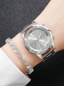 2pcs/Set Women's Quartz Wrist Watch With Steel Band, Rhinestone Embellished 3-Eye Roman Scale Dial + Bracelet, Watch Box Not Included - Silver - View 2