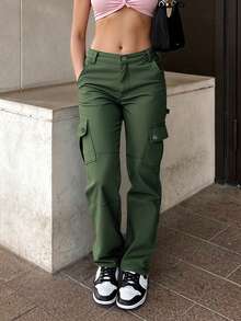 Women Casual Green Cargo Pants Y2K Washed Multi-Pocket Stretch Baggy Wide Leg Pants Sexy Streetwear Loose Pants, 2026 Summer. - Green - View 2