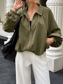 Women's Solid Color Puff Sleeve Zipper Pleated Jacket