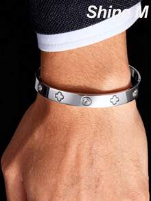 1pc Men's 18k Gold Plated Stainless Steel Bracelet With Artificial Stone, Non-Fading Ellipse Design, CZ Flower Bracelet, Great Gift For Teenagers - Silver Flower - View 6