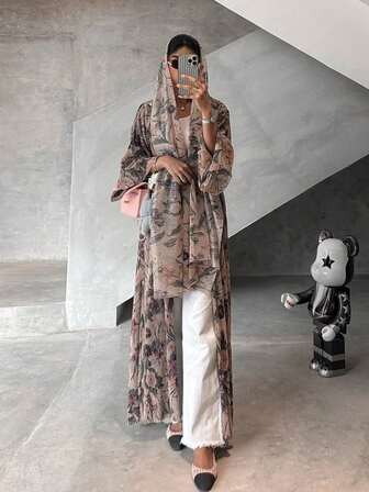 Elegant Long Sleeve Maxi Kaftan Coverup For Women, Floral Print Woven Fabric With Slight Stretch
