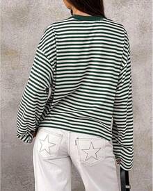 Womens Striped Long Sleeve Sweatshirt Y2k Drop Shoulder Cropped Tops Crewneck Preppy Fairy Grunge Fall SweatshirtChristmas - Xanh nhạt - Xem 7