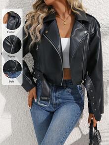 Women's Faux Leather Biker Short Jacket - Black - View 1