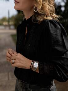 Áo sơ mi nữ cỡ lớn, áo kiểu tay dài cài cúc màu trơn phối ren, thích hợp cho mùa xuân. - màu đen - Xem 4