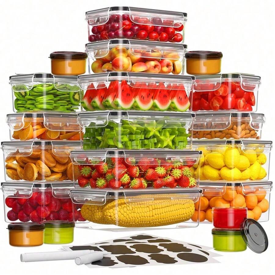48/50PC Large Capacity Covered Food Storage Containers, Leak Proof Plastic Meal Containers, Reusable Lunch Box Kitchen Accessories Microwave And Dishwasher , Including Labels And Pens - 透明 - 查看 1