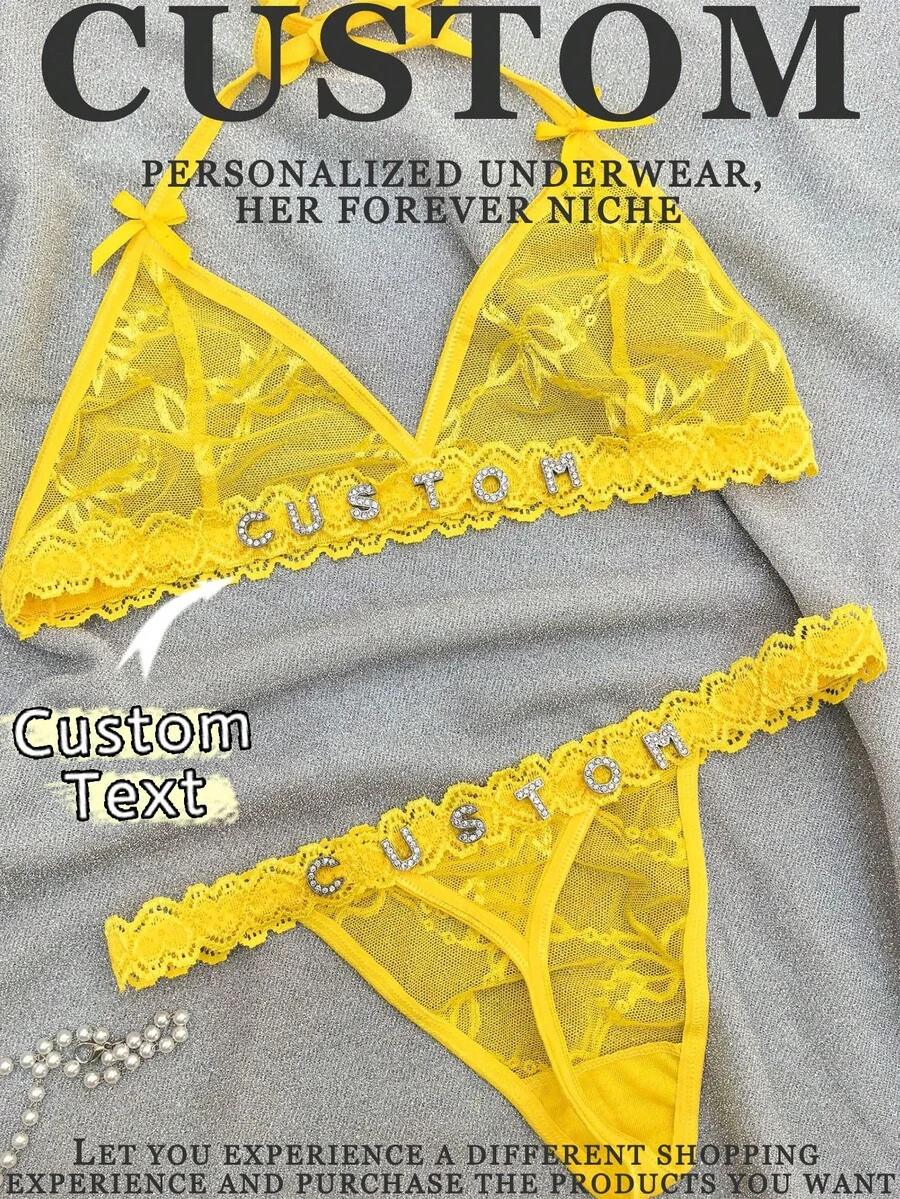 2pcs Custom Christmas Women Backless Lace Sheer Sexy Lingerie Set - Yellow - View 1