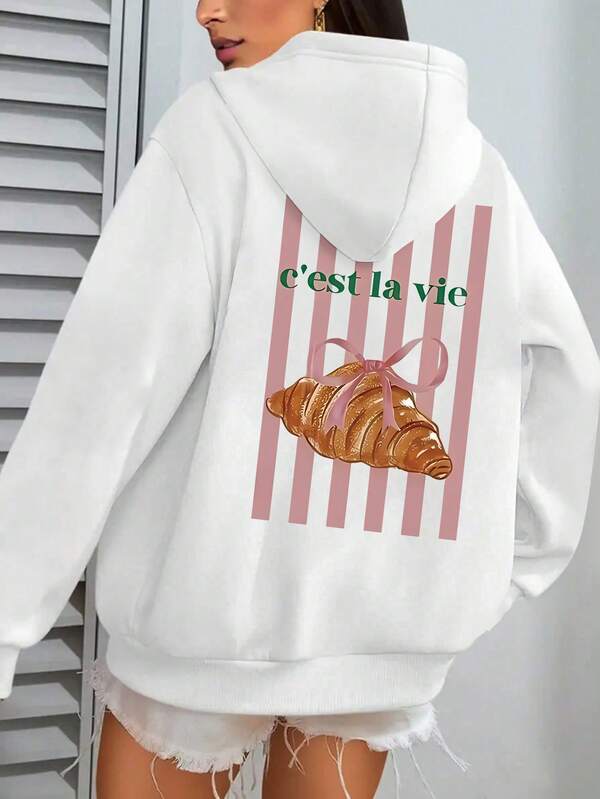 French Romantic And Cute Style, Simple White Plus Size Hooded Sweatshirt With "C'est La Vie" French Text And Croissant Pattern Printed On It, Pink Stripes, Women's Sweatshirt, French Romance And Interest In Life, Food Elements And French Culture, Daily Travel, Casual Wear, Women's Plus Size Round Neck Sweatshirt, Sweatshirt Women, Hoodies For Women, Autumn And Winter Clothing