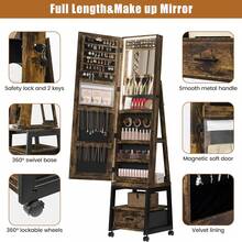 Organizador de Joyas con Espejo de Cuerpo Completo 168 cm, Joyero de Pie con Cerradura, Luz LED, Cajón y Estante Trasero – Clóset Moderno para Almacenaje & Beauty - Marrón - Ver 6
