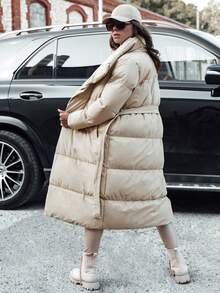 Long Women's Quilted Winter Coat With Belt, Elegant High Collar Warm Jacket, Stylish Premium Winter Parka, Fashionable Winter Coat, Comfortable Women's Coat For Everyday And Occasional Wear - Beige - View 4