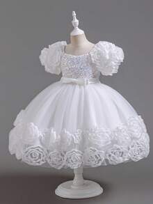 Girls' Floral Party Dress | 3D Embroidered Flowers On Sleeves & Hem With Sparkle Bodice | Special Occasion Gown For Birthday & School Events (2-7 Years) - 白色 - 查看 3