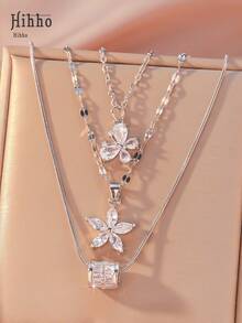 Hihho 3pcs/Set Fashionable Minimalist Flower, Butterfly, Waist Decor Multi-Layer Necklace Set, Suitable For Dates, Parties, Vacations, Daily Wear, Holiday Gifts, Christmas Presents - Silver - View 5