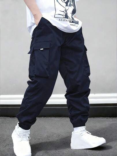 1pc Breathable Casual Stylish Multi-Pocket Cargo Pants For Teenage Boys, Suitable For Home, Daily Commute, School, Outdoor Activities, Parties, Street Style, All Seasons