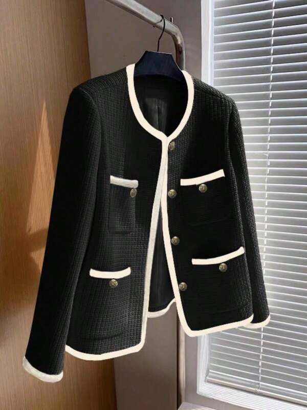 Damen Klassische Regular Jacke, Tweed Stoff, Langarm V-Ausschnitt Design, mit Taschen und schwarzen Zierbändern, nicht dehnbar