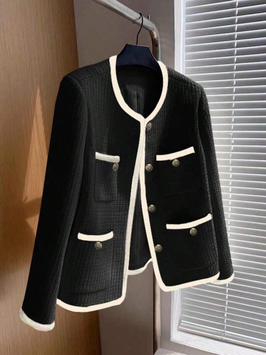 Women's Classic Regular Jacket, Tweed Fabric, Long Sleeve V-Neck Design, With Pockets And Black Trim Details, Non-Stretch - Black - View 1