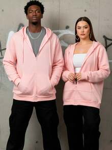 Sudadera afelpada tipo hoodie con capucha para mujer, clásica y casual. Diseño largo. Tela de poliéster y elastano, apta para temporadas de otoño e invierno. Ajuste holgado con cierre de cremallera. Manga larga, bolsillos tipo canguro. Interior afelpado, cálido, suave y muy cómodo. - Rosa vieja - Ver 1