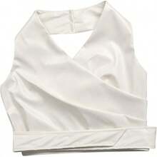 WOKANSE Womens PU Leather Stretchy 2 Piece Outfit Belted Sleeveless Halter Tops And Straight Leg Pants Set With Pockethalloween - 白色 - 查看 7