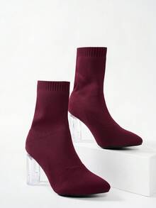 Botines de mujer de punto marrón con tacón alto/Tacón metálico grueso/Punta cuadrada/Diseño de calcetín elástico/Moda de otoño e invierno/Para fiesta y oficina. Botines de mujer de calcetín elástico con tacón alto/Marrón/Tacón metálico grueso/Punta cuadrada/Ajuste cómodo/Versátil para todas las estaciones