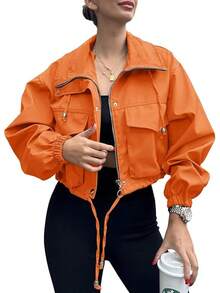 Womens Cropped Zip Up Lightweight Oversized Utility Anorak Coat With Pockets, Style EBU0 - 橘子 - 查看 6