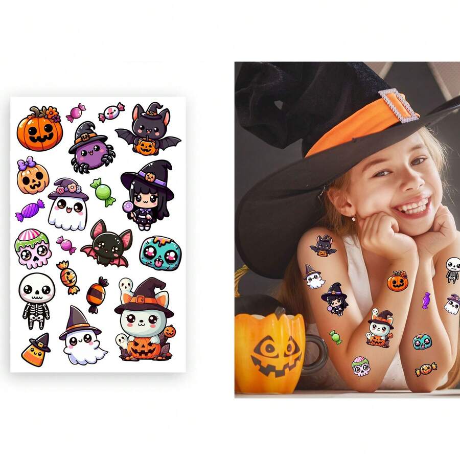 Fiestas Guirca Tatouages temporaires Halloween Little Monsters pour enfants et filles, ensemble d'autocollants de monstres, vampires, sorcières et fantômes avec des motifs colorés et amusants, idéal pour fêtes à thème et célébrations d'Halloween - Multicolore - Voir 1