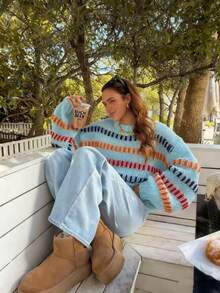 2025秋冬新款女装休闲复古撞色宽松喇叭袖针织衫基础款上衣，适合返校、圣诞节、约会、韩版、秋季、保守女性、派对女性、Y2K女性、外出上衣、音乐会女性、约会女性、休闲、新年、女装冬季、沙特国庆日、时尚、乡村风格等场合。 - 藍色 - 查看 1