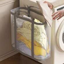 1 Foldable Breathable Mesh Laundry Basket With Reinforced Handle Foldable Rectangular Storage Bin For Bathrooms, Closets, Dorm Rooms, Travel, And Grocery Shopping - Durable Fabric Multi-Purpose Storage Box - Laundry Room Accessory - Casual Design - Sturdy Handle Construction - Laundry Basket - 米色 - 查看 5