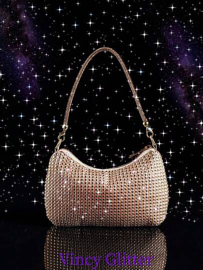 手工水钻装饰晚装手拿包，女士便携式拉链手提包，适合日常、约会、派对使用