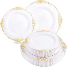 Zestaw obiadowy 125/50/25/12 elementów z białą podstawą i tłoczonym złotym rantem, zawiera talerzyki deserowe 7,5"/talerze obiadowe 10,25", złote sztućce, odpowiedni na wesele, wieczór panieński, zaręczyny, rocznicę, wieczór panieński, urodziny, ukończenie szkoły, spotkanie rodzinne, świąteczne przyjęcie firmowe. Dodaje eleganckiego i wyrafinowanego akcentu do Twojego przyjęcia lub kolacji.