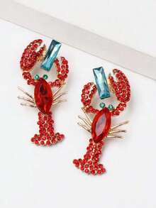 1 Pair High-End Diamond-Encrusted Lobster & Fish Shaped Stud Earrings For Women – Zinc Alloy With Electroplating Treatment – Bold And Exaggerated Design Perfect For Casual Wear And Statement Looks - 紅色 - 查看 1