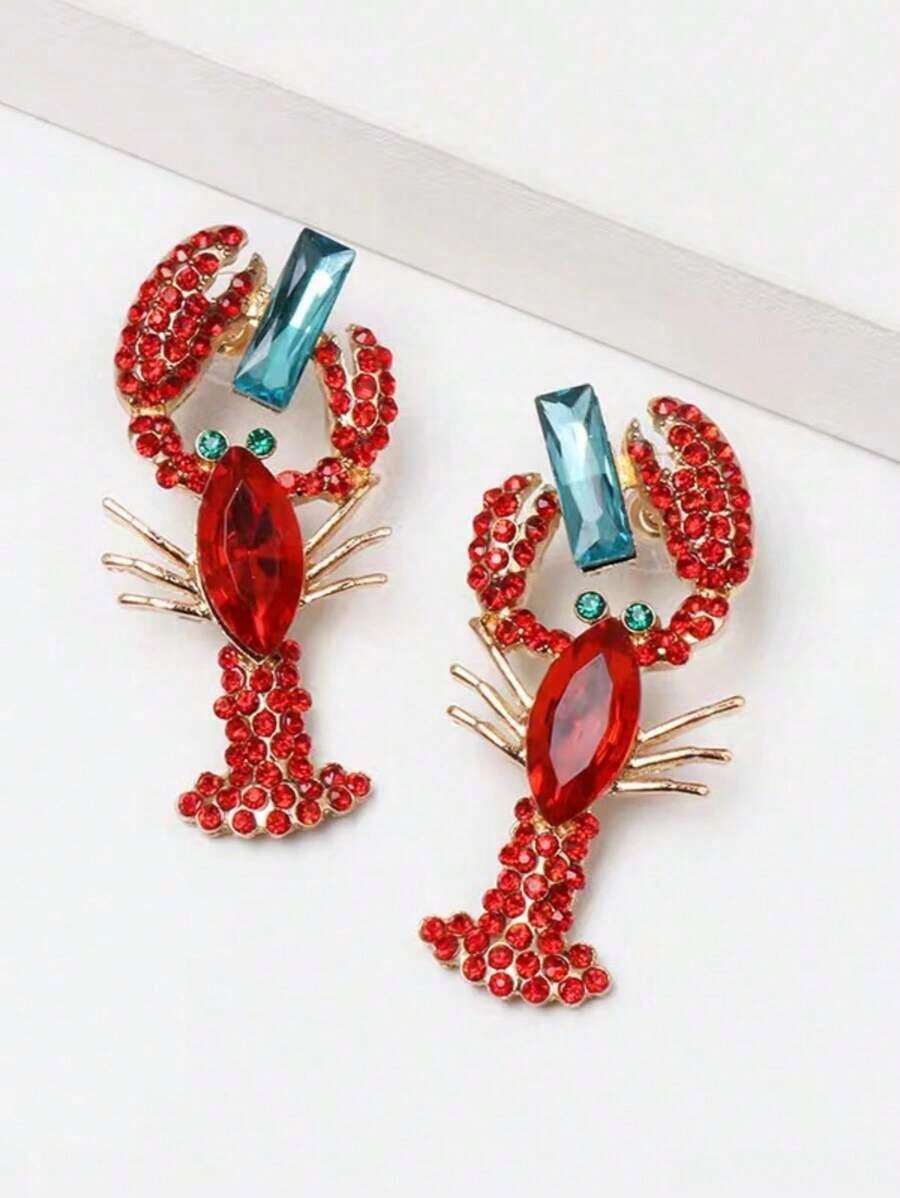 1 Pair High-End Diamond-Encrusted Lobster & Fish Shaped Stud Earrings For Women – Zinc Alloy With Electroplating Treatment – Bold And Exaggerated Design Perfect For Casual Wear And Statement Looks - 紅色 - 查看 1