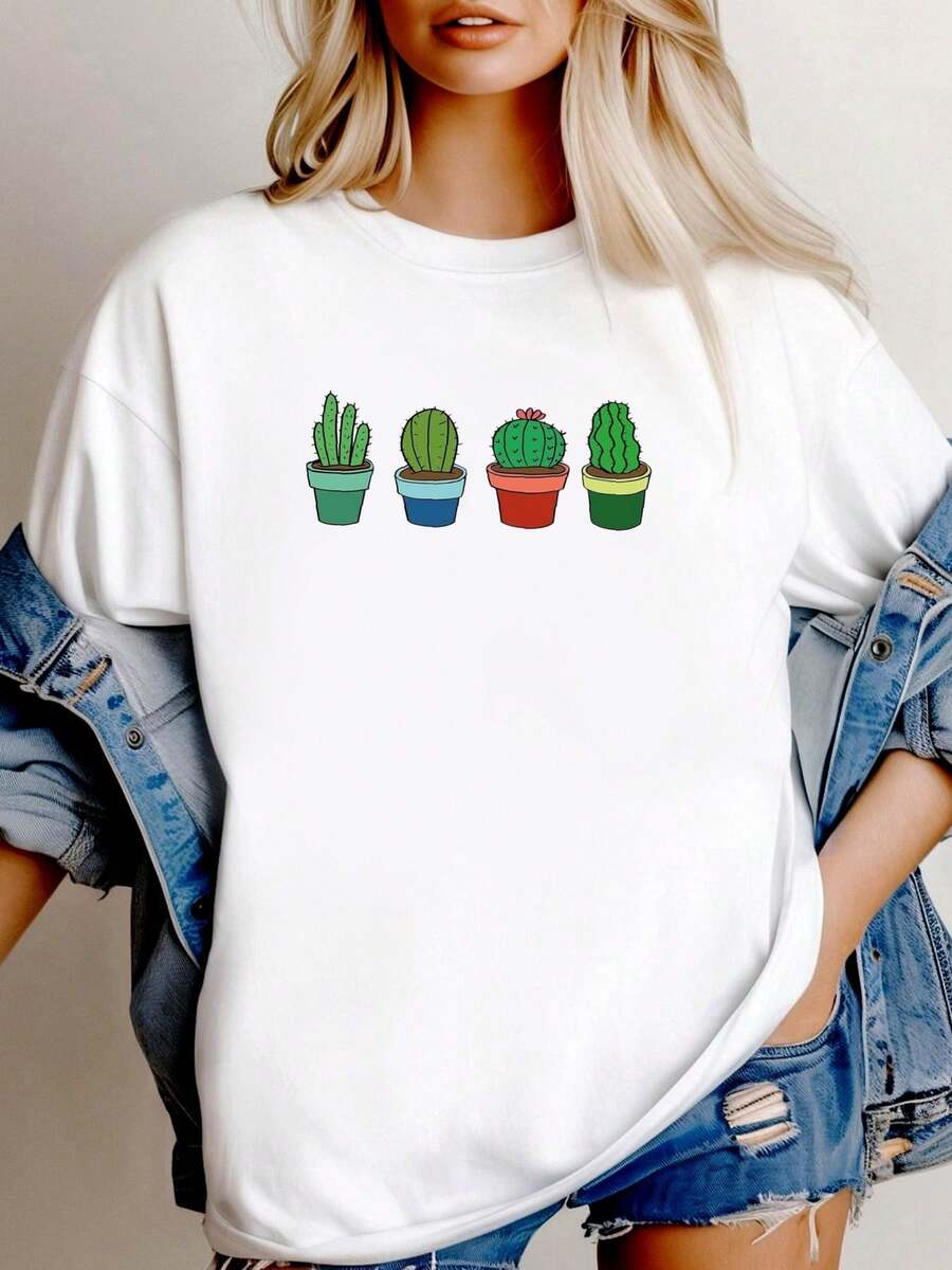 180g pure Cotton Cactus Shirt, Plant Lover Shirt, Cute Cactus T-shirt, Gardening Shirts, Cactus Tee, Cactus Plants Shirt, Botanical Shirt, Flower Shirt Top For Everyday Wear Stretched Print Round Neck Short Sleeve female Slightly fashion Stylish Summer Soft women - Blanco - Ver 1