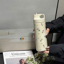 1 garrafa de água isolada a vácuo de aço inoxidável de 550 ml/18,6 oz, com tampa flip à prova de vazamentos, caneca de viagem com padrão de laço e tulipa - adequada para academia, atividades ao ar livre, uso no carro, lavagem à mão, reutilizável, presente para mulheres e meninas, padrão divertido, garrafa de água esportiva