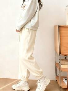 Pantalones deportivos de felpa polar lisa rosa para mujer, gruesos para el otoño y el invierno, pantalones térmicos de algodón para llevar por fuera, pantalones ajustados con forro polar para personas de baja estatura.Pantalones de Deporte para Mujer - Blanco - Ver 4