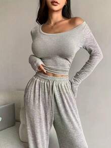 2 pezzi Set di abbigliamento da casa da donna alla moda: Top a maniche lunghe con collo rotondo e pantaloni larghi in vita alta con coulisse e tasche, autunnale - Grigio - Visualizzare 11