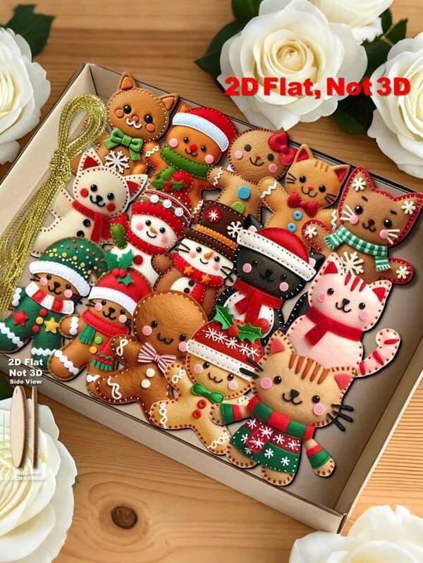 15/30 piezas Lindos adornos de madera plana 2D en forma de gato de jengibre navideño, para decoración del árbol de Navidad, decoración de fiestas, accesorios para cajas/bolsas de regalo de Navidad, accesorios colgantes para botellas de vino/bebidas, decoración navideña para escaleras/paredes/chimeneas/restaurantes/centros comerciales/jardines/cafeterías