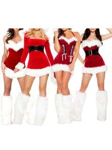 Women Christmas Costume Santa Cosplay Dress Plush Trim Patchwork Dress Party Costume With Hat And Leg Warmers - Dưa hấu đỏ - Xem 3