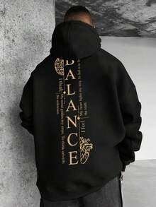 1pc Men's Autumn/Winter Black & Gold "PALANCE" Letter #Art Punk Print Hoodie Sweatshirt, Casual Street Style Loose Fit Top - Black - View 1