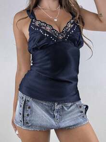 Y2K Style Solid Deep V-Neck Strap Tank Backless Fitted Sexy Lace Camisole Top Streetwear Graduation Outfit Suitable For Summer Beach Vacation, Date, Music Festival And Concert,4th Of July USA