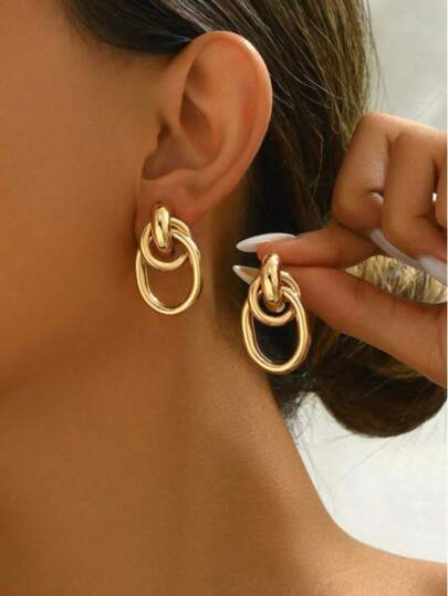 1pc Fashionable Gold-Tone Metal Multi-Twist Knot Design Stud Earrings, Double Hoop Stud, Statement Dangle Earrings, Unique Earrings