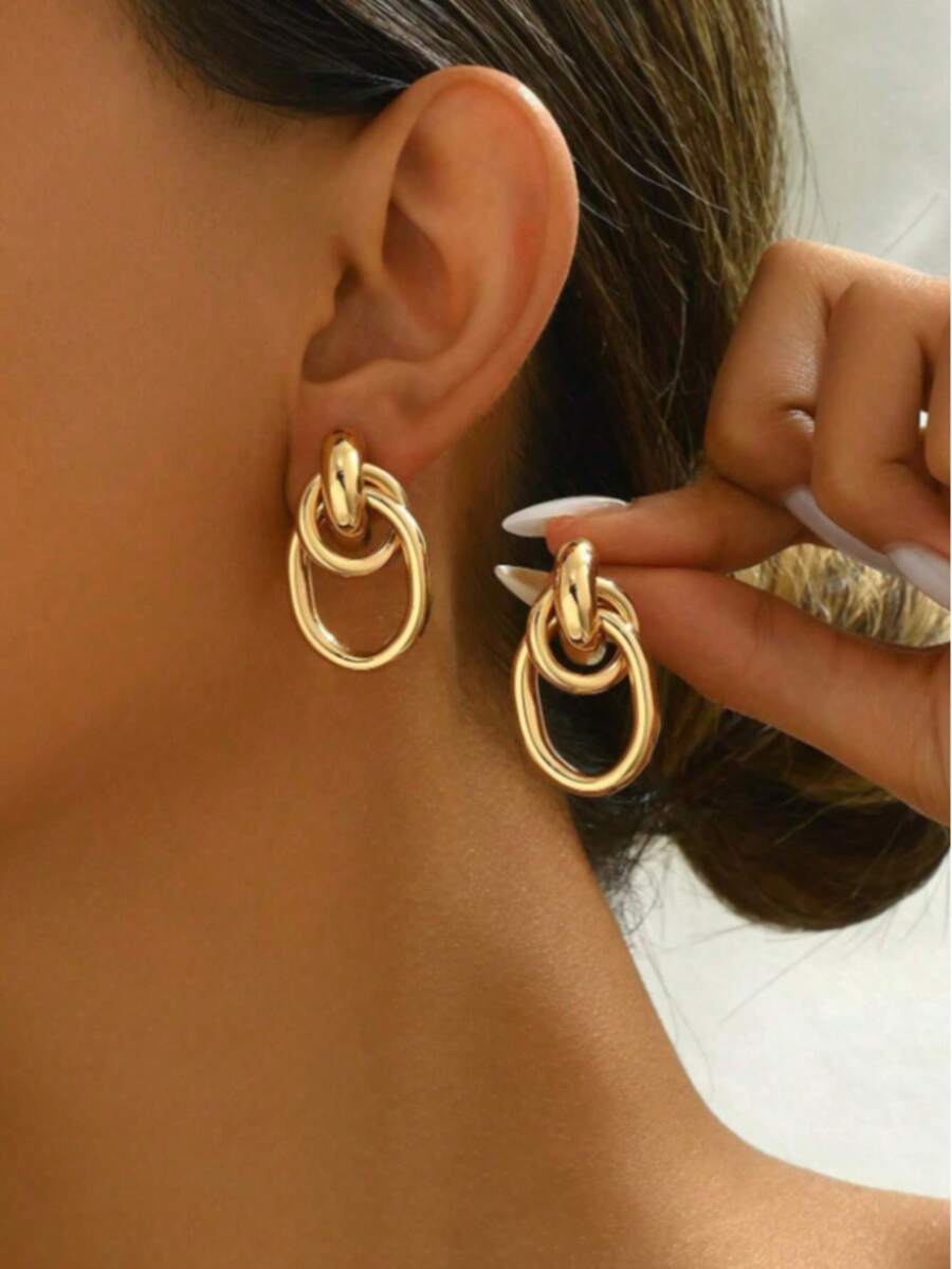 1pc Fashionable Gold-Tone Metal Multi-Twist Knot Design Stud Earrings, Double Hoop Stud, Statement Dangle Earrings, Unique Earrings Valentine's Day Accessories