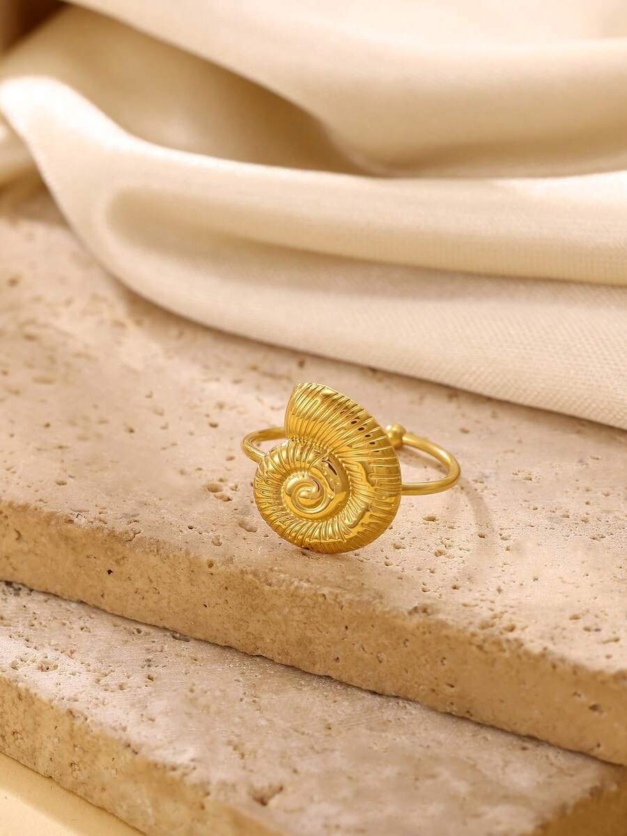 1 pieza Anillo de apertura de concha de moda para mujer, color dorado, de acero inoxidable con diseño geométrico de la serie oceánica, joyería para fiesta en la playa, regalo