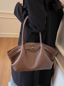 1pc Solid Color PU Leather Shoulder Bag, Women's Vintage Fashion Large Capacity Handbag With Dual Handles And Snap Closure, Suitable For Travel, Shopping, Dating, Women's Gift, Suitable For Teenage Girls, College Students, And Office Ladies, Great For Office, School, Work, Business, Commuting, Outdoor, Travel, Picnic - Coffee - View 4