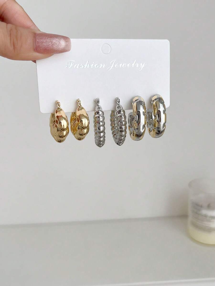 1 Set Of 3 Pairs Vintage Geometric Oversized Bicolor Metal Letter Earrings, Retro Street Style Y2K Fashion Jewelry Set, Suitable For Women, Mother's Day, Valentine's Day, Christmas, Daily Wear